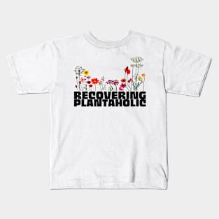 RECOVERING PLANTAHOLIC Cute Minimal Pink Flower Plants Design On Black And White Kids T-Shirt